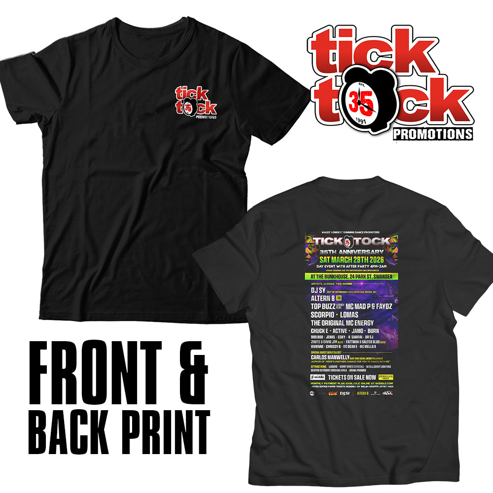 Tick Tock 35th Anniversary Unisex T Shirt Front & Back